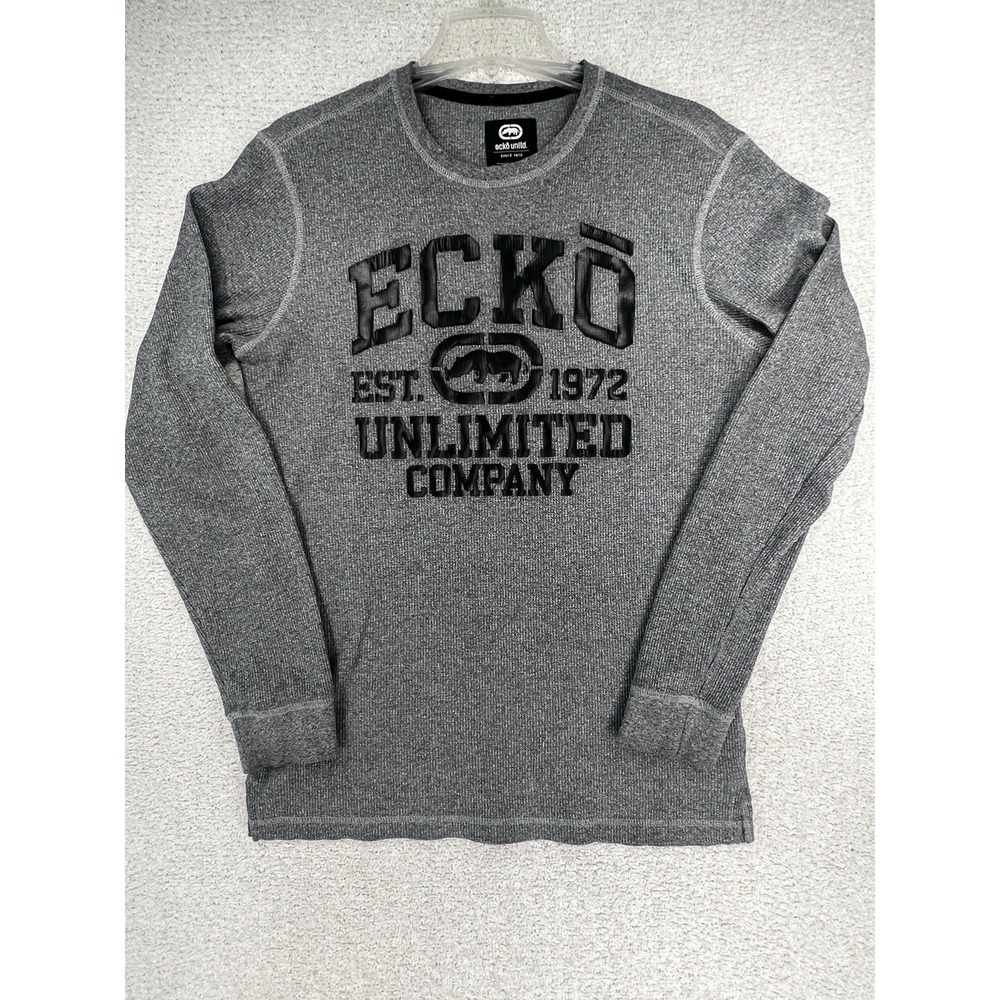 Ecko Unltd Shirt Mens L Waffle Knit Rhino Logo Gray Long Sleeve Thermal Y2K EUC - Picture 2 of 13